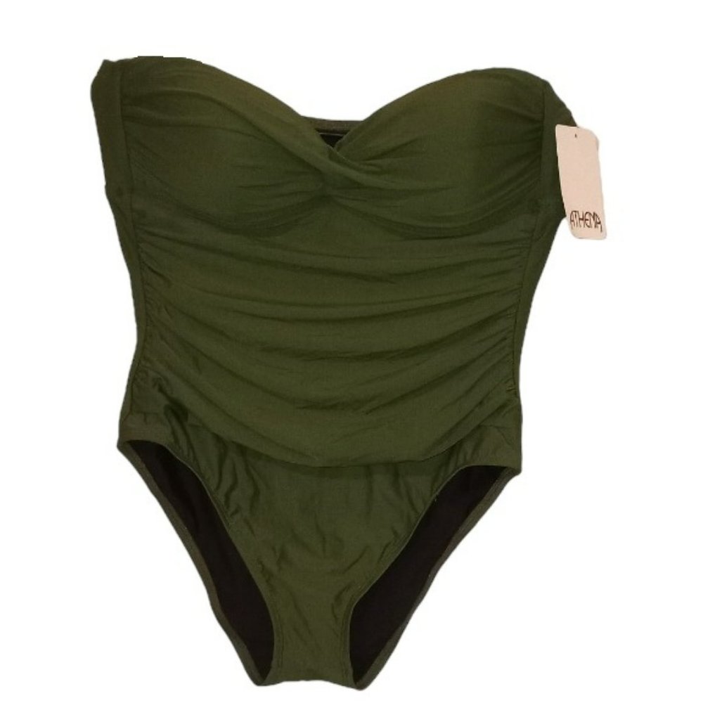 Athena Twist Bandeau One Piece Olive Green Swim Suit Size 12 Removable Straps